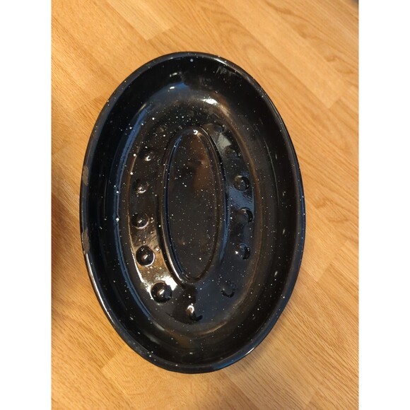 Enamelware Roasting Pan Black White Speckled  Lid Turkey Roaster Vintage 13" - Picture 4 of 10